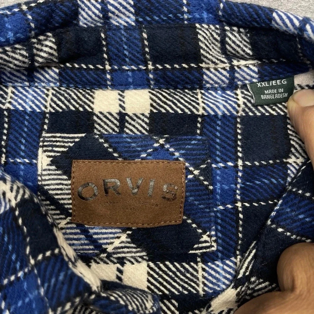 Orvis Flannel Shirt Mens XXL Long Sleeve Plaid Cotton Blue White